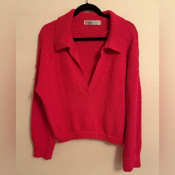 Free People Beach Carter Collared V Neck Polo Sweater Textured Fuchsia - Picture 1 of 7